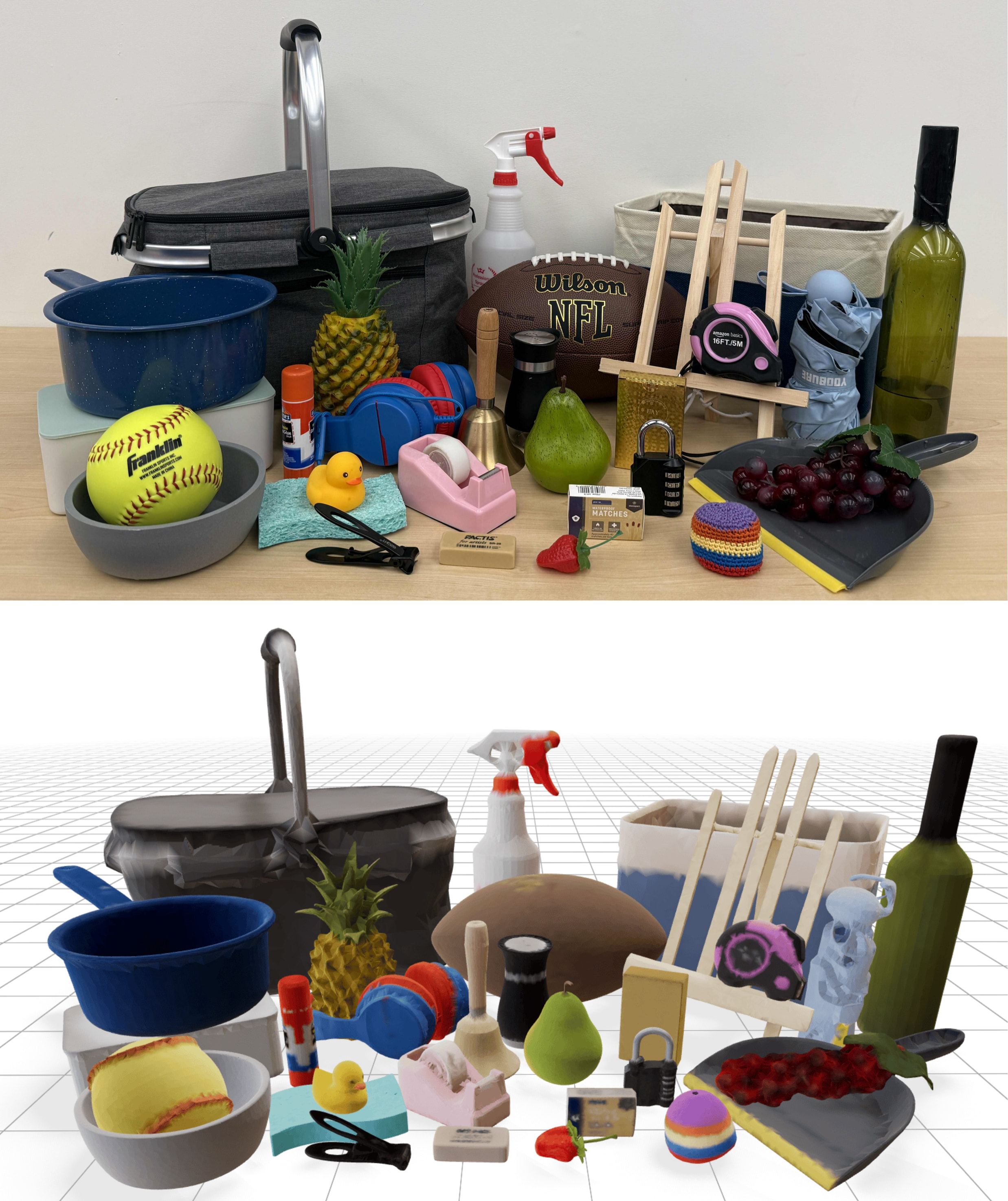 HUG-Bench test split: 30 unseen objects across five geometry categories and three size bins, shown as real objects (top) and reconstructed simulation assets (bottom)