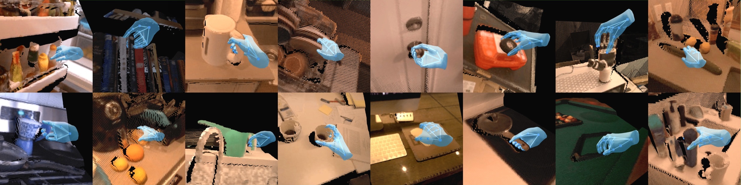 Sample egocentric frames from 1M-HUGs with MANO hand meshes overlaid on grasped everyday objects
